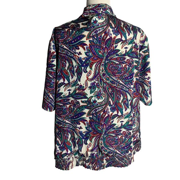 Vintage Paisley Pullover Top XL White Buttons Collar Elastic Waist Short Sleeves - Picture 4 of 7